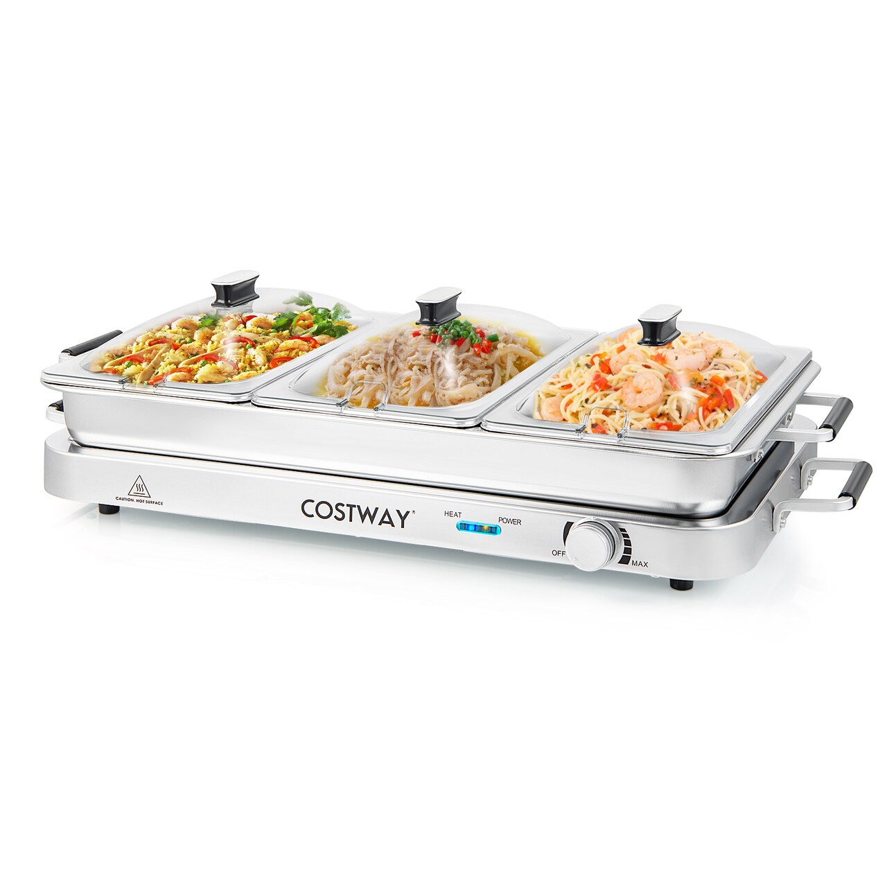 Silver 8 Quart Electric Warming Tray with Temperature Control and Stainless Steel Serving Trays